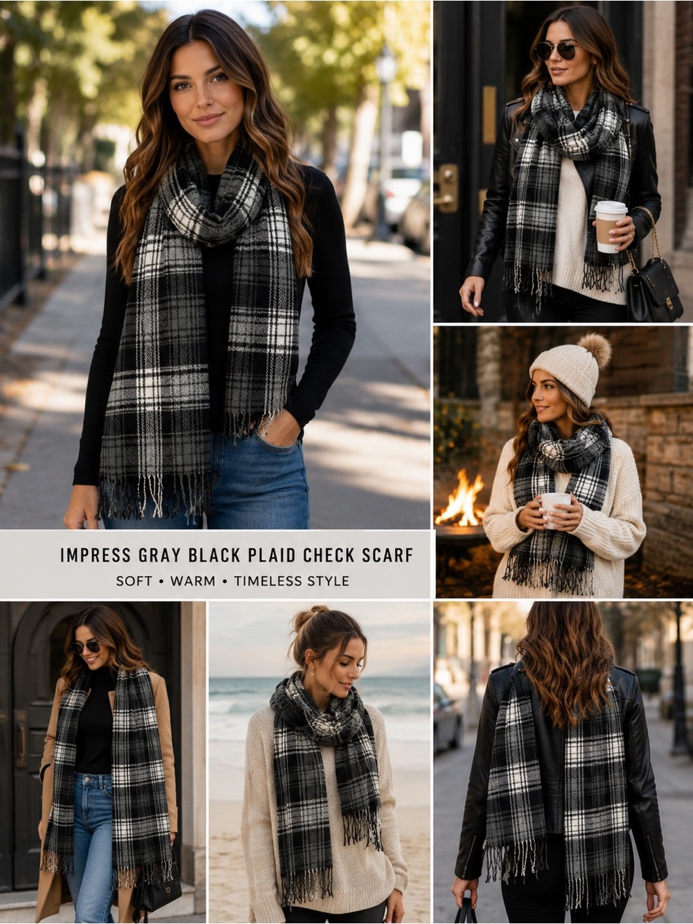 IMPRESS Gray Black Plaid Check Scarf 💥